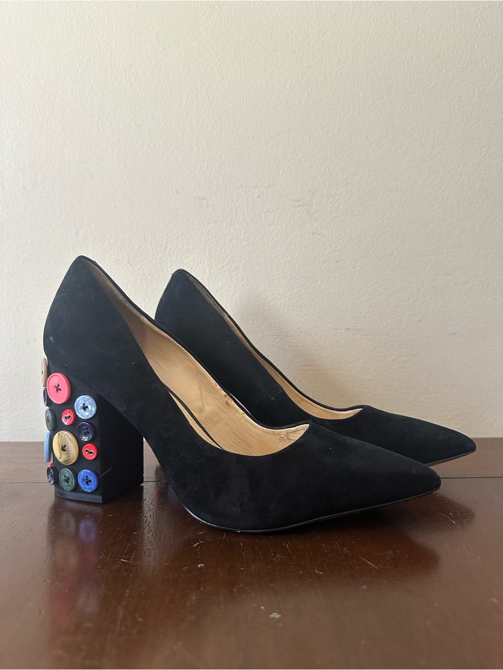 Katy Perry Whimsical Black Suede Button-Accent Block Angelica Heel Pumps, Sz 10